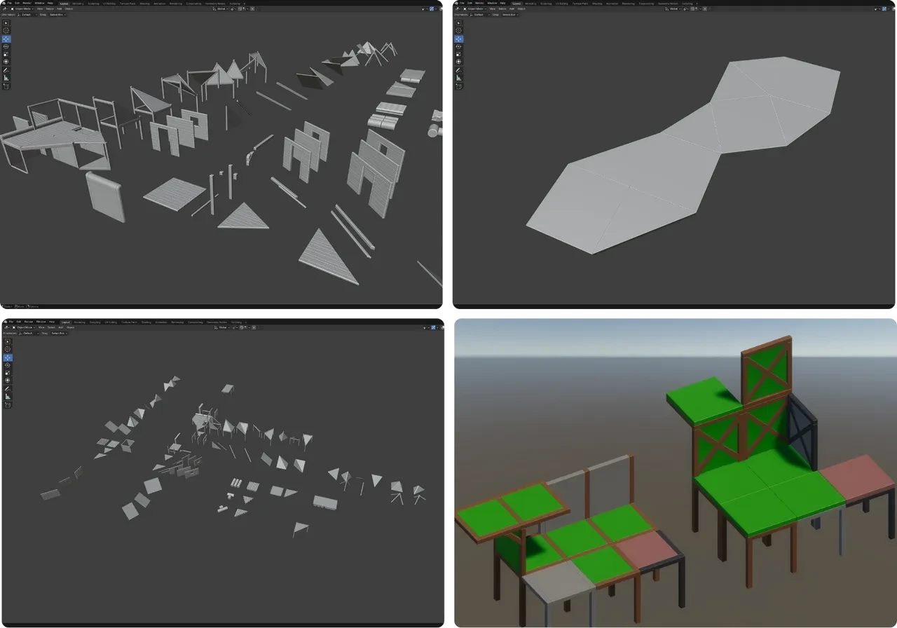 3D modeling software showing building shape experiments and geometry tests