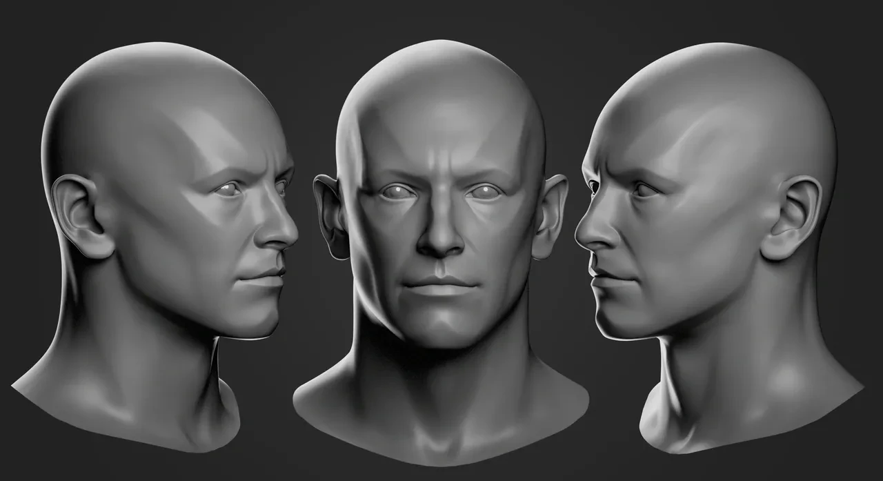Character head sculpt version 3 — pinched features with softer edges, closer to target